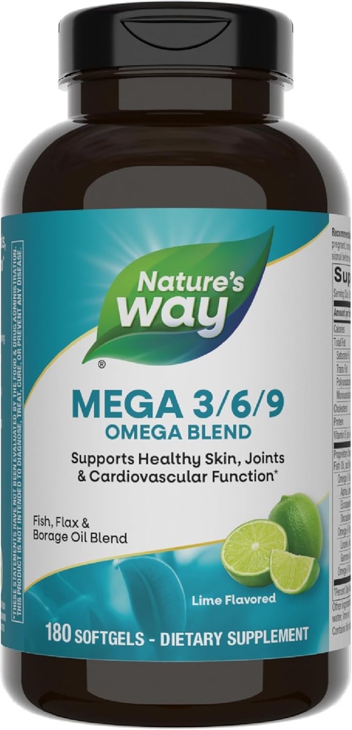 Ο Δρόμος της Φύσης Mega 3/6/9 Ωμέγα Blend, Υποστηρίζει υγιή δέρμα, αρθρώσεις, Καρδιαγγειακή λειτουργία *, ψάρια, flax, λάδι Μποράζ, 180 Lime Γεύσεις Softgels (Packaging May Vary)