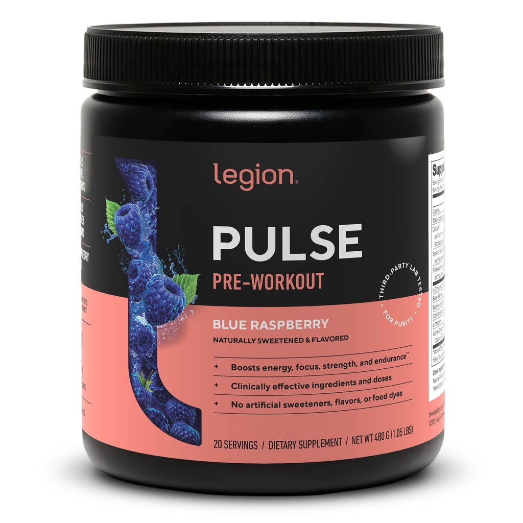LEGION Pulse Pre workout - Όλα τα φυσικά Nitric Oxide Preworkout ποτό για την ενίσχυση της ενέργειας, Createine Δωρεάν, φυσικά γλυκαντικά, Beta Alanine, Citrulline, Alpha GPC (Blue Raspberry)