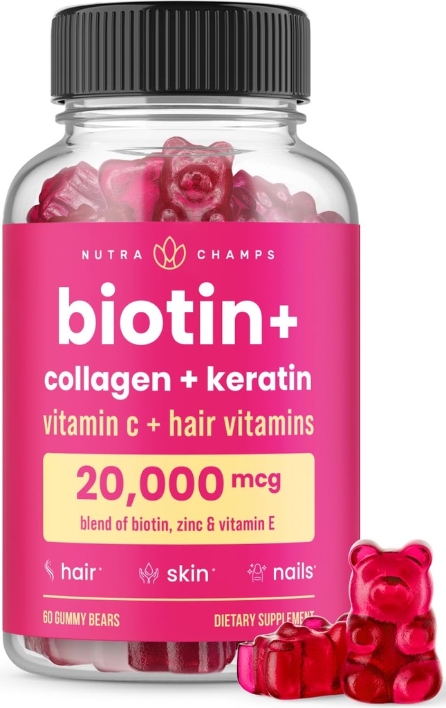 NutraChamps Biotin Gummies 5000mcg with Collagen, Keratin & More – Hair Skin and Nails Vitamins for Women & Men – Support Normal Hair Growth Cycle - Enhanced with Vitamin C, D3, Zinc