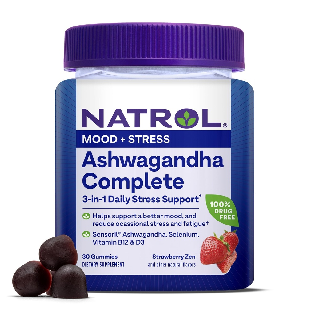Natrol Ashwagandha Complete Gummy, 3-σε-1 καθημερινή υποστήριξη στρες, υποστηρίζει καλύτερη διάθεση, μειώνει περιστασιακό άγχος και κόπωση, 30 Gummies, μέχρι 15 ημέρες εφοδιασμού