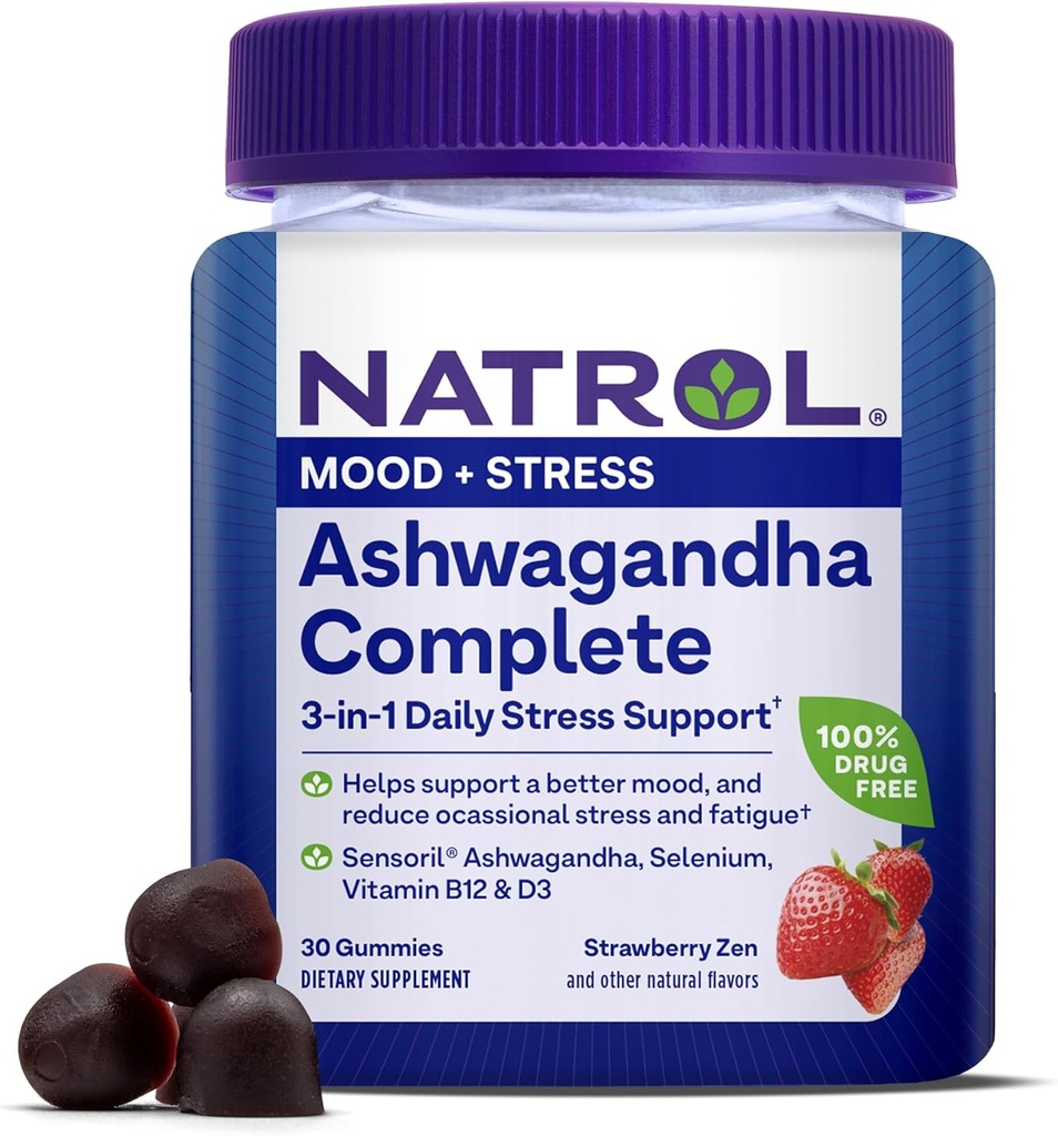 Natrol Ashwagandha Complete Gummy, 3-in-1 Daily Stress Support, Supports Better Mood, Reduces Occasional Stress and Fatigue, 30 Gummies, Up to a 15 Day Supply