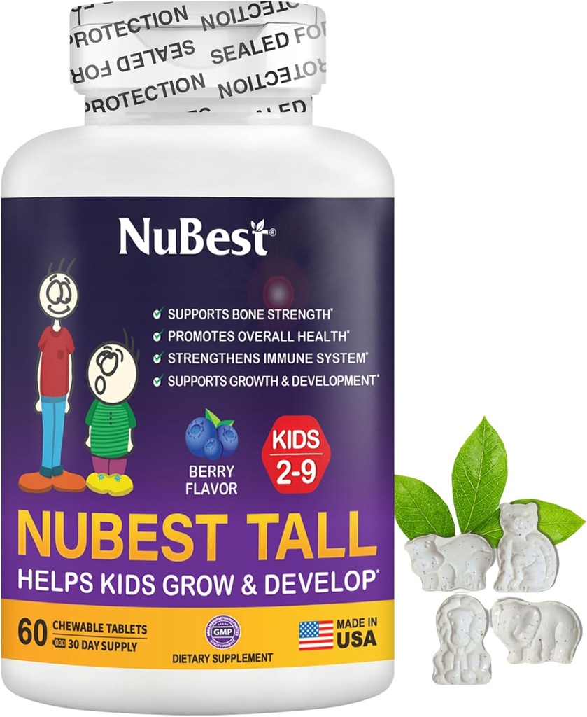 NuBest Tall Kids - Πολυβιταμίνες & Ορυκτά για την ηλικία 2 έως 9 - Δύναμη των οστών & Ανοσία Υποστήριξη - Βοηθά τα παιδιά, Toddlers Υγιεινή - Σχήματα ζώων - 60 Μασώμενα δισκία μούρων 