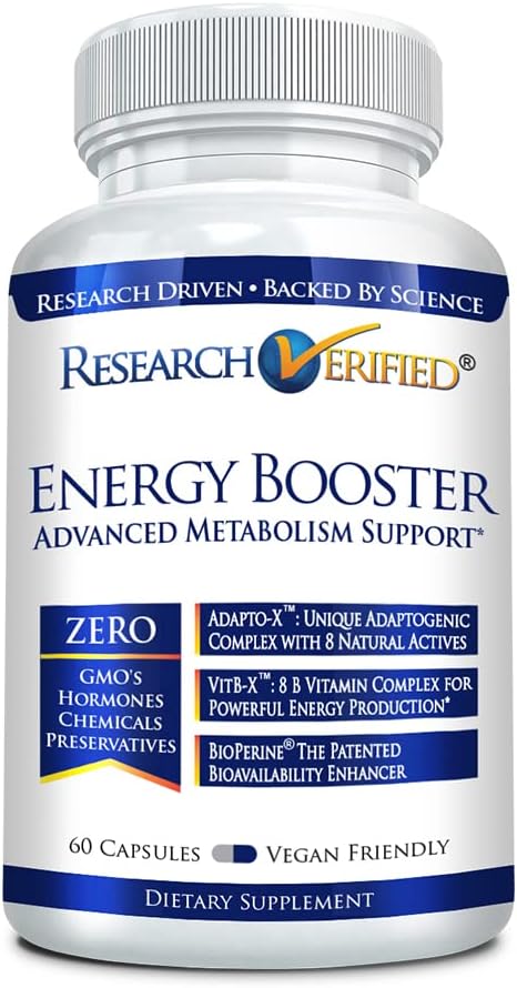 Research Verified Energy Booster - Natural Energy Support - 60 Capsules - Caffeine Free - B Vitamins and Adaptogens - 1 Month Supply
