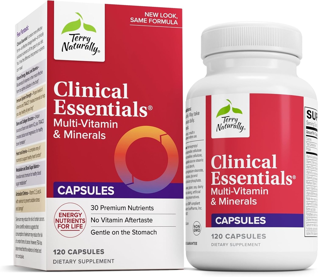Terry Naturally Clinical Essentials - Supplement to Aid Bone, Cardiovascular & Immune Health - Supplement with Chelated Minerals - Supplement with B-Vitamins & Vitamin C - 120 Capsules