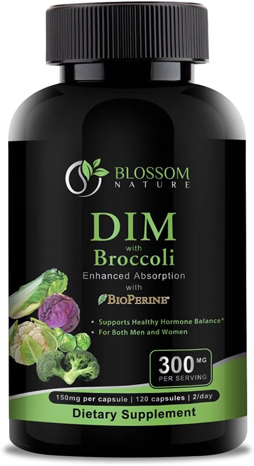 Συμπλήρωμα DIM 300mg με Broccoli 200mg BioPerine 10mg-Hormone και Οιστρογόνου Ισορροπία για γυναίκες & άνδρες, Μενοπαύση Ανακούφιση, PCOS & PMS Υποστήριξη, Ορμονική Ακμή Θεραπεία-120 Caps, Diindolymethane 150mg ανά Cap