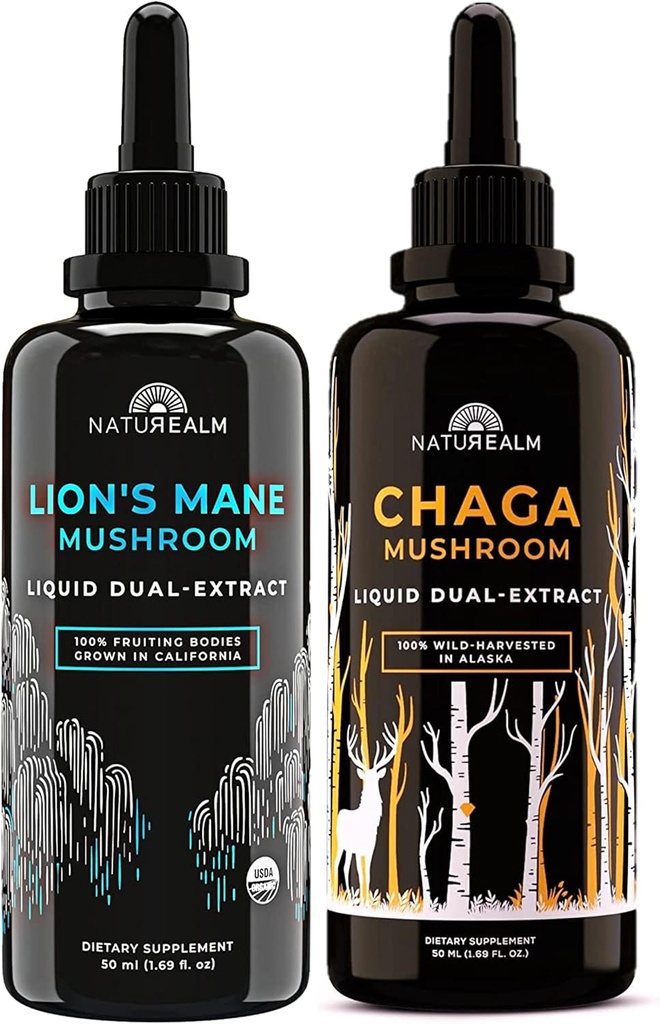 Naturealm Lion's Mane & Chaga Mushroom Extract - Στοίβα προσαρμογόνου για εστίαση, ανοσία, μακροζωία, ανακούφιση από το στρες, υγεία των ούλων, καταπολέμηση της γήρανσης, ενέργεια & περισσότερα - οργανικές σταγόνες υγρού - 50 mL κάθε (2 Pack)
