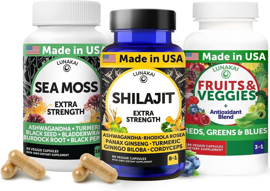 Lunakai USA Made 3-in-1 Supplement Capsule Pack - Shilajit, Ιρλανδική Θάλασσα Moss & Superfood Fruits and Veggies