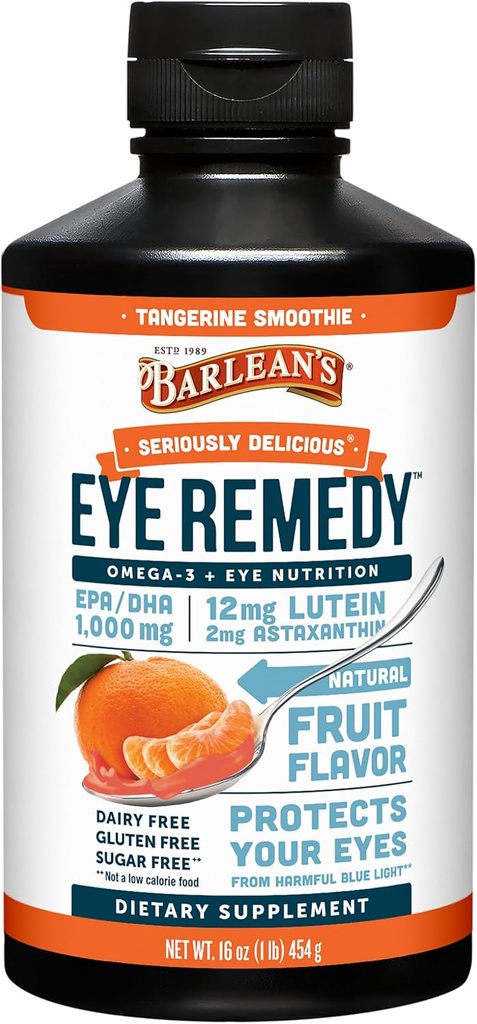 Συμπλήρωμα αποκατάστασης ματιών Barlean, Tangerine Flavored Fish Oil Liquid with Lutein, Astaxanthin και Zeaxanthin, 1.000mg Omega 3 EPA DHA, Συμπληρώματα φροντίδας ματιών, 16 oz