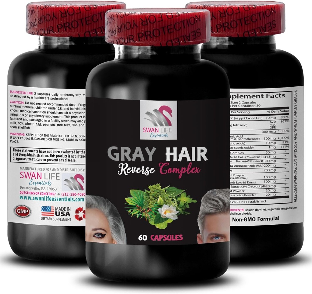Biotin - GRAY HAIR REVERSE - Horsetail Aerial Parts, Hair color revival, youthful hair, natural hair color, hair rejuvenation, hair pigmentation, color enhancing, restore vibrancy 1 Bottle 60 Capsules