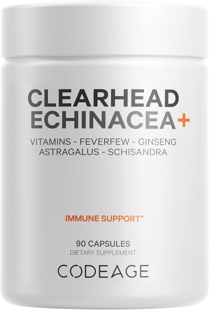 Codeage Clearhead Echinacea+ Supplement - Echinacea, Schisandra, Feverfew, Coptis, American Ginseng, Astragalus, Garlic, Probiotics, Vitamins C & D3, Zinc, Selenium - Clear Head Vitamin - 90 Capsules