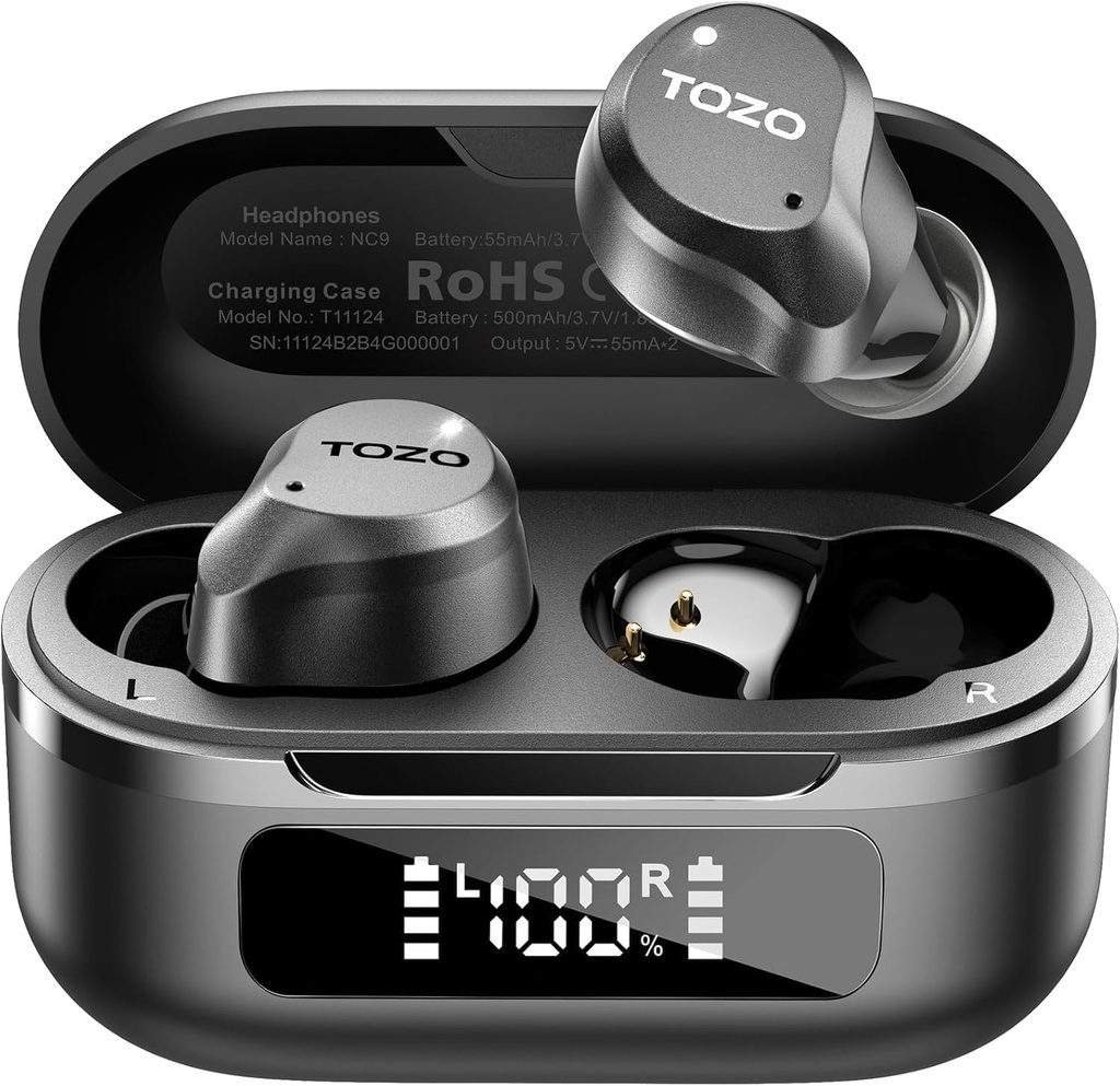 ToZO NC9 Hybrid Active Noise Cancelling Wireless Earbuds, 6 Mics ENC Clear Call, IPX8 Αδιάβροχη, σε Ear Bluetooth 5.3 Ακουστικά Stereo Bass Ear Buds 59H Playtime με οθόνη LED 32 EQs μέσω APP