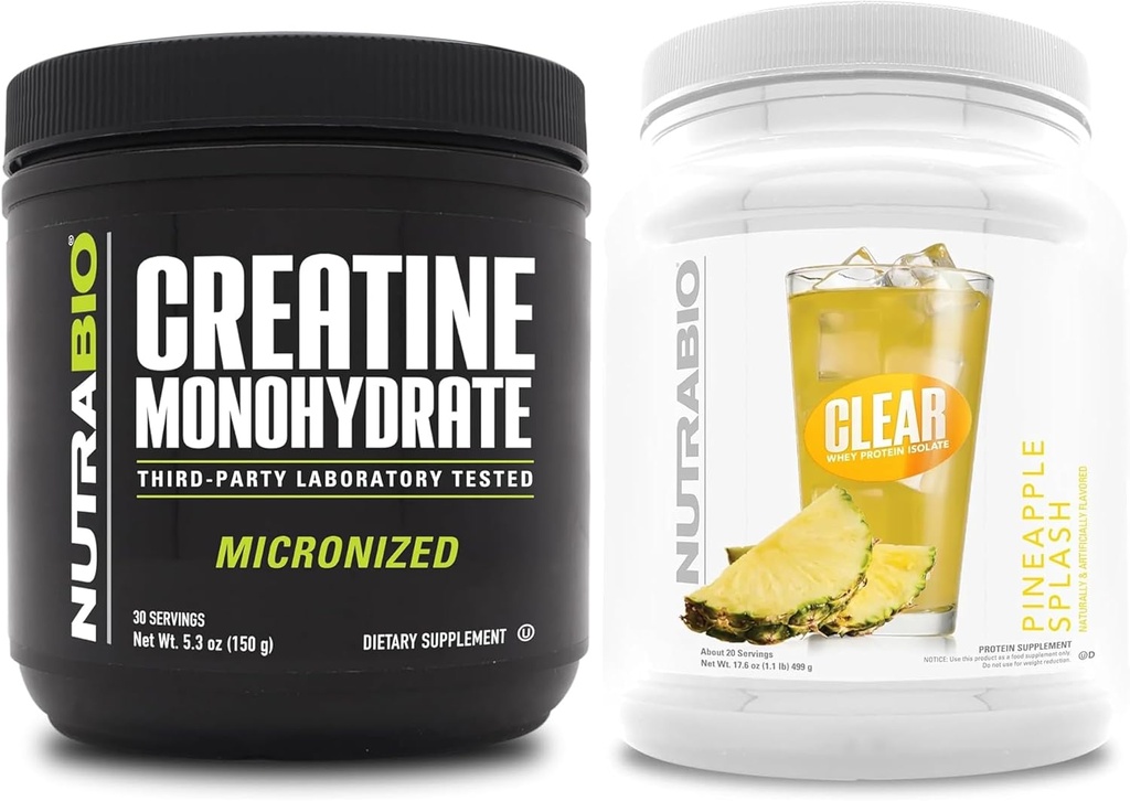 NutraBio Creatine Monohydrate, Unflavored, (150 g) και Clear Whey Protein Isolate, (Pineapple Splash) συμπλήρωμα Δέσμη – μυϊκή ενέργεια, μέγιστη ανάπτυξη, ανάκτηση, και δύναμη