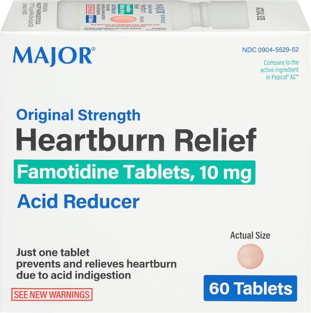 Major Original Strength Heartburn Relief - Δισκία Φαμοτιδίνης, 10 mg - Μειωτικό οξύ - 60 δισκία