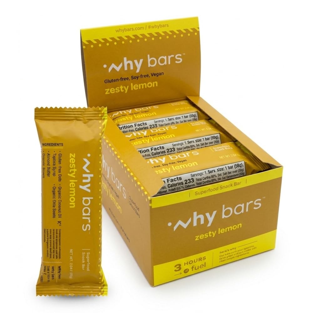 Why Bars, Protein Bars, Zesty Lemon, 2.04 Ounce Bars (πακέτο των 12 Protein Bars) - Protein Bar Superfood, Χωρίς γλουτένη, Μη ΓΤΟ, Βιολογικό, Vegan, Απλό Συστατικά