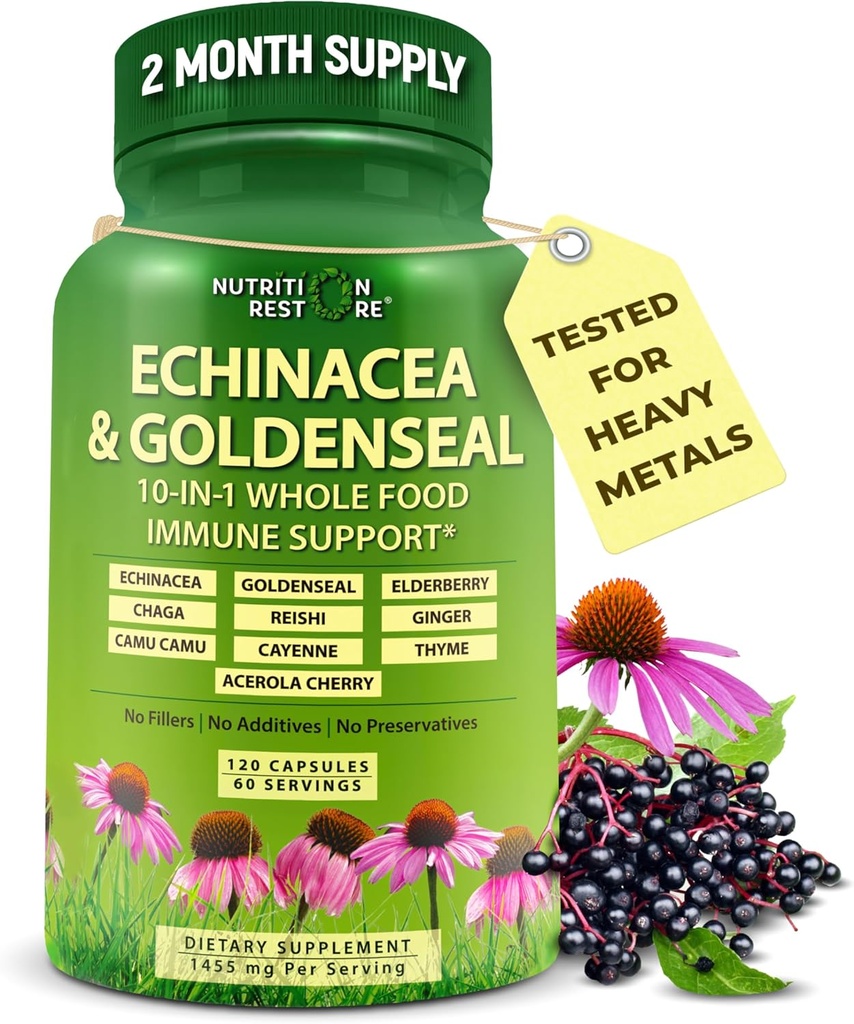 Echinacea Goldenseal Κάψουλες - 10 σε 1 Συμπλήρωμα Υποστήριξης Ανοσοποιητικού - 1455mg - Vegan Echinacea Capsules συμπλήρωμα Made with Organic Whole Foods - Βότανο ανοσοποιητικό σύστημα Υποστήριξη - 2 Μήνες Προσφορά