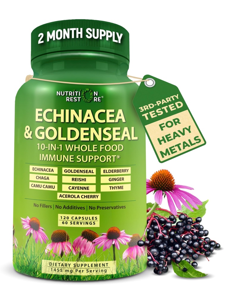 Echinacea Goldenseal Κάψουλες - 10 σε 1 Συμπλήρωμα Υποστήριξης Ανοσοποιητικού - 1455mg - Vegan Echinacea Capsules συμπλήρωμα Made with Organic Whole Foods - Βότανο ανοσοποιητικό σύστημα Υποστήριξη - 2 Μήνες Προσφορά