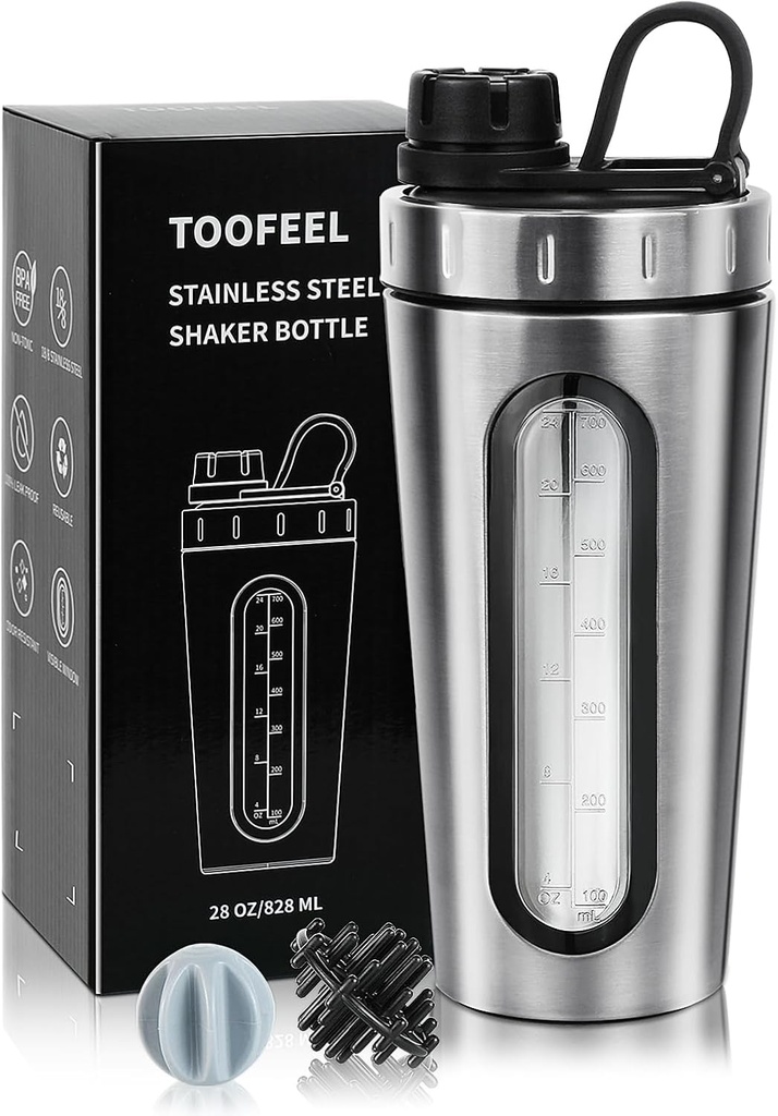 ToOFEEL Shaker Μπουκάλια για πρωτεϊνικά μείγματα 28 oz Ανοξείδωτο ατσάλι με 2 Mixing Ball, δεν μένει κρύο/ζεστό, ορατό παράθυρο Μεταλλικό Shaker Cups, Leakproof, BPA δωρεάν Shaker μπουκάλι