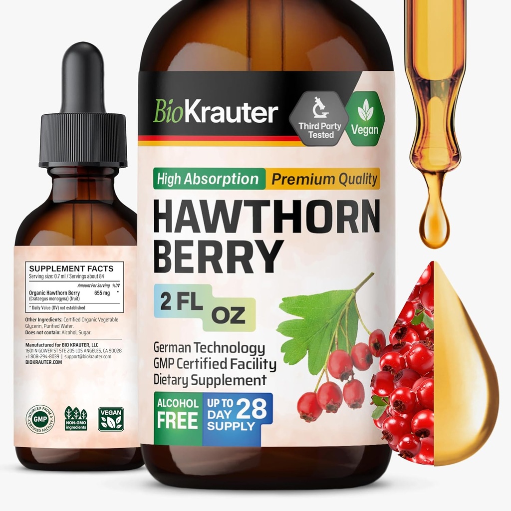 BIO KRAUTER® Hawthorne Berry Supplement - Pure Vegan Hawthorn Berry Liquid Drops 655 mg per Serving 2 Fl.Oz 28 Ημέρες Προμήθειας - Χρησιμοποιείται για Συνολική Υποστήριξη & Καθημερινή Ευεξία - Αλκοόλ & Ζάχαρη Δωρεάν