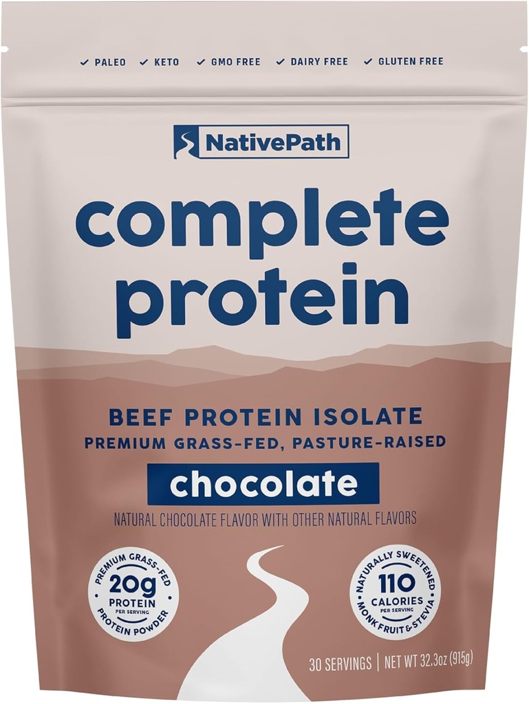NativePath Complete Beef Protein Powder Isolate – Grass-Fed, Pasture-Raised, Γαλακτοκομικά & Λακτόζη Χωρίς, Χωρίς Γλουτένη, Μηδέν Ζάχαρη, MCTs & Αμινοξέα – 20g Πρωτεΐνη, Σοκολάτα Γεύση, 30 Μερίδες