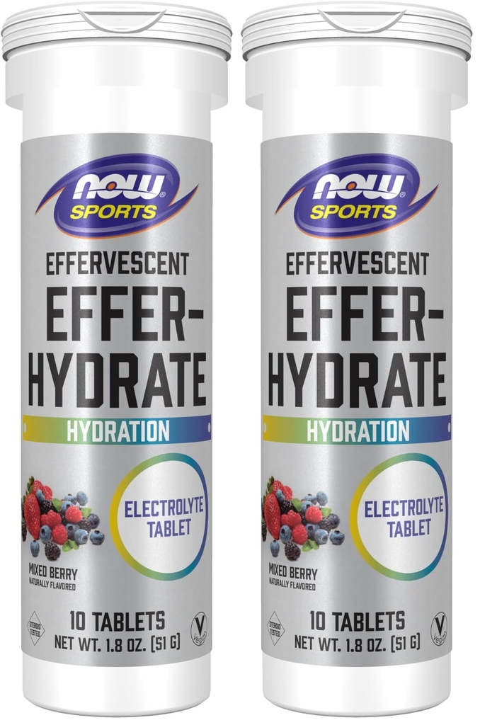 NOW Sports Nutrition, Effervescent Effer-Hydrate, Electrolyte Supplement, Recovery*, Mixed Berry, 10 Tablets (Pack of 2)