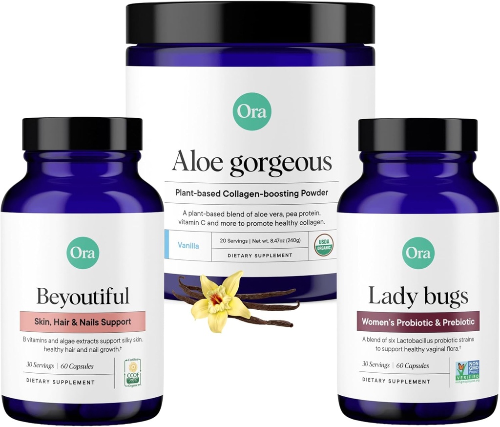 Organic Vegan Collagen, Probiotics, Prebiotics & BeYouTiful Bundle: Aloe Vera - Vanilla Flavor, 20 εξυπηρετούν + 60 Vegan Probiotic Κάψουλες + Hair, Skin, & Nails Support, 60 Vegan Κάψουλες