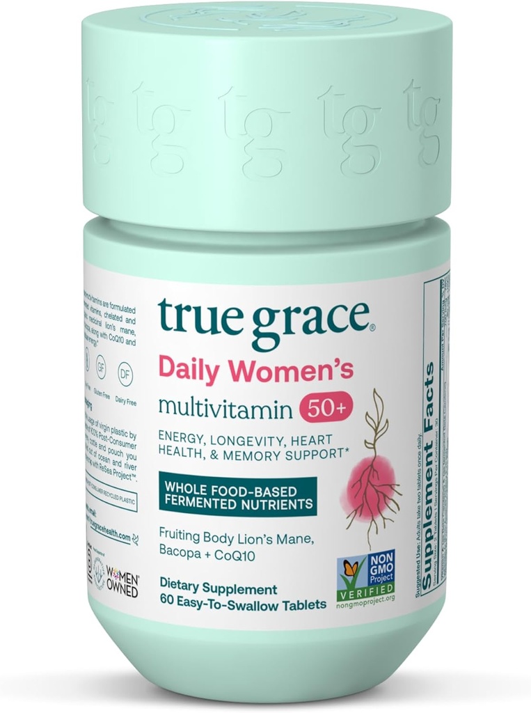 True Grace Daily Women’s Multivitamin 50+ - 60 Easy-to-Swallow Tablets - Ανοσοποιητική, Ενέργεια, Μακροζωία & Μνήμη Υποστήριξη - Vegan - Γλουτένη, Σόγια & Σιδήρου Δωρεάν - 30 Σερβιέτες