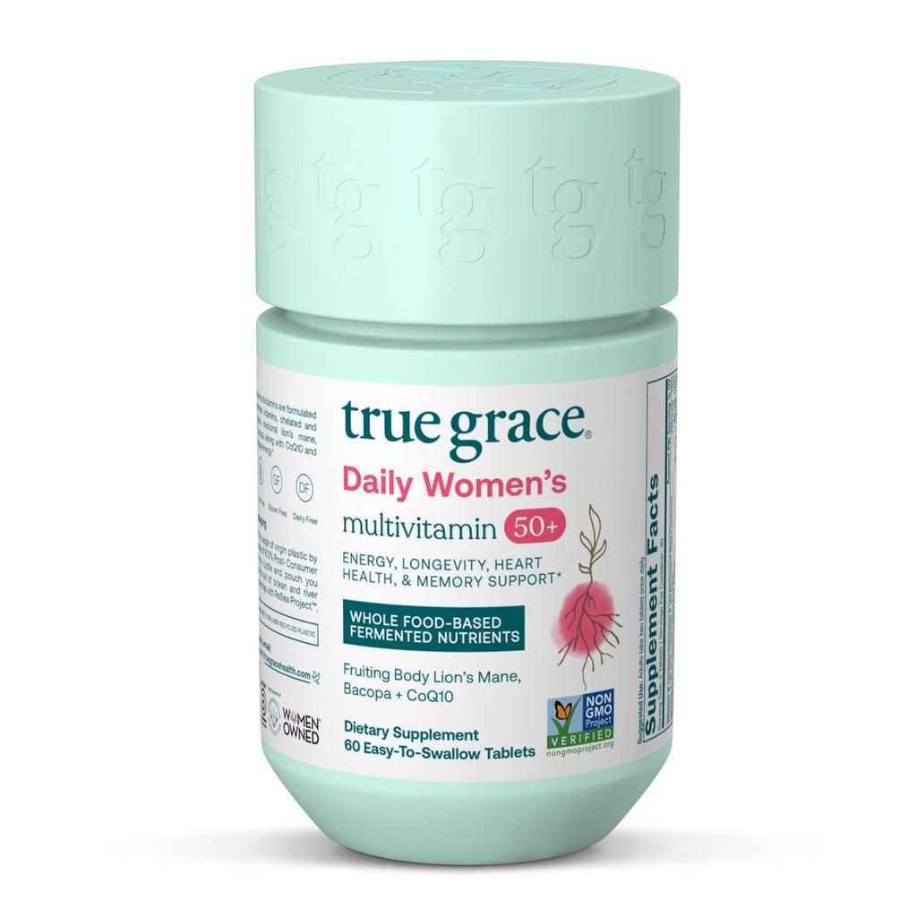 True Grace Daily Women’s Multivitamin 50+ - 60 Easy-to-Swallow Tablets - Immune, Energy, Longevity & Memory Support - Vegan - Gluten, Soy & Iron Free - 30 Servings