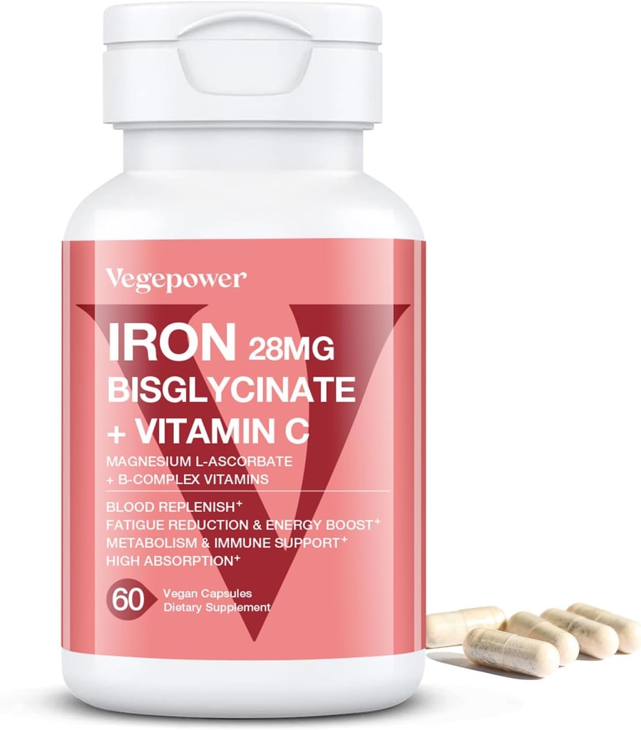 Συμπληρώματα σιδήρου για γυναίκες, Vegan Iron Bisglycinate 28mg Plus Βιταμίνη C, Φολικό οξύ - Χάπια σιδήρου για την αναιμία, την έλλειψη σιδήρου και την ενεργειακή υποστήριξη - Υψηλή απορρόφηση, χωρίς γλουτένη, μη GMO - 60 κάψουλες