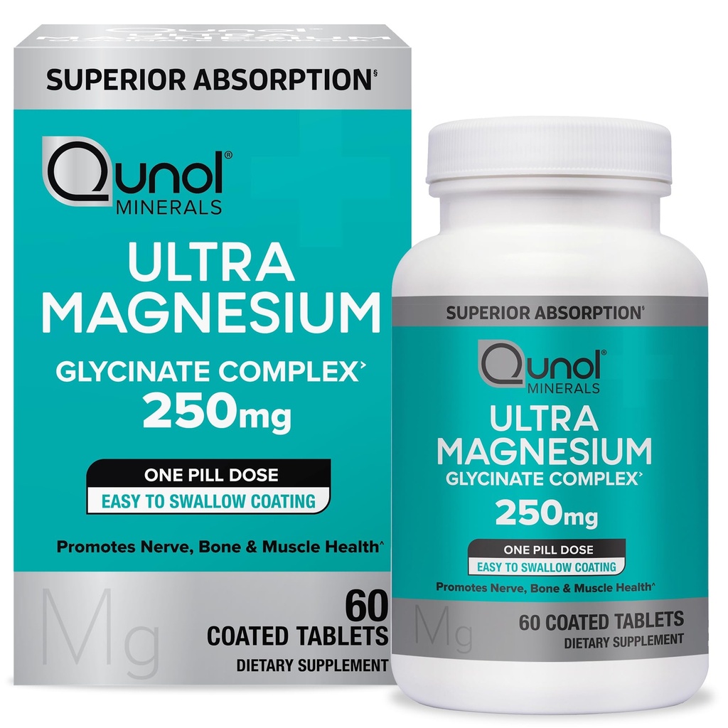 Qunol Magnesium Glycinate Complex, Απαλό στο στομάχι, 250mg Ένα χάπι Δόση, Μαγνήσιο Ανώτερης Απορρόφησης, Νευρικό, Οστών και μυών Συμπλήρωμα Υγείας, 60 Count (Pack of 1)