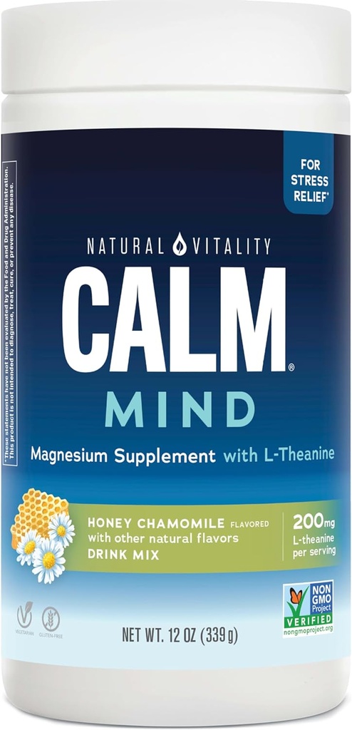 Natural Vitality Calm Mind, Magnesium Citrate + L-Theanine Powder, Supports a Healthy Response to Stress, Gluten Free & Vegetarian, Honey Chamomile, 12 oz.