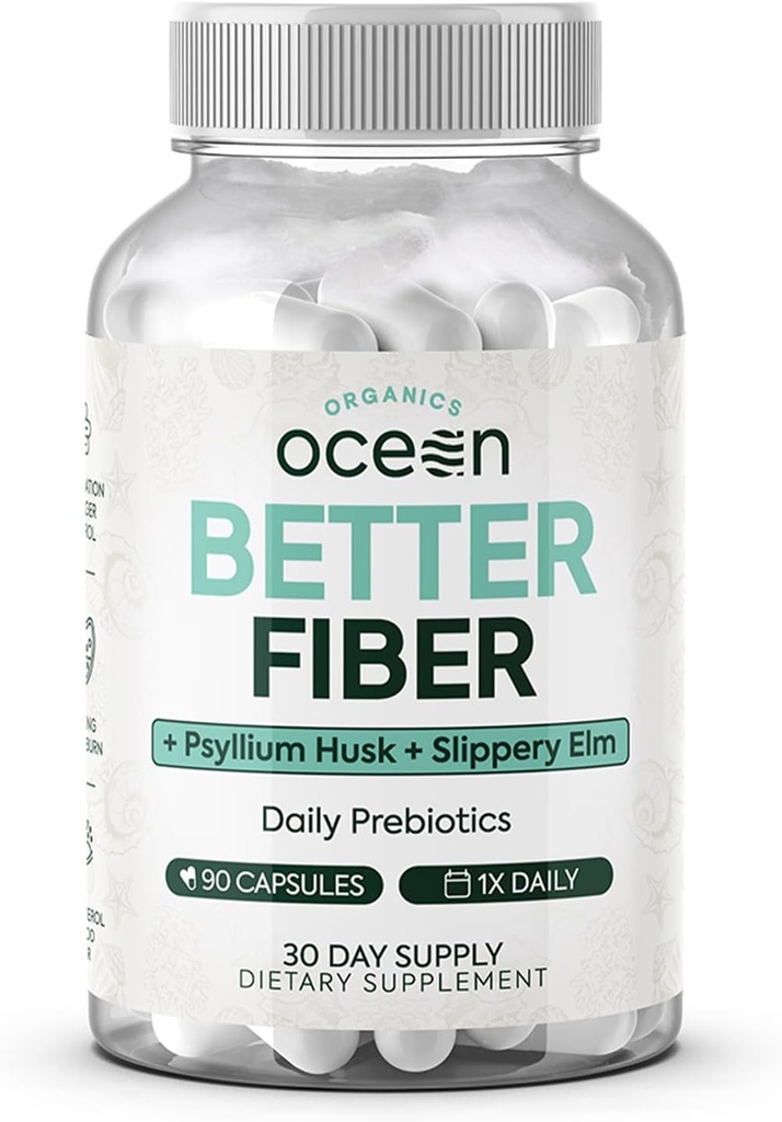 Organics Ocean Better Fiber - Daily Fiber Supplement - Soften Stool for Accessless Bowel Movies - with Psyllium Hulk and Slippery Elm - 90 Κάψουλες