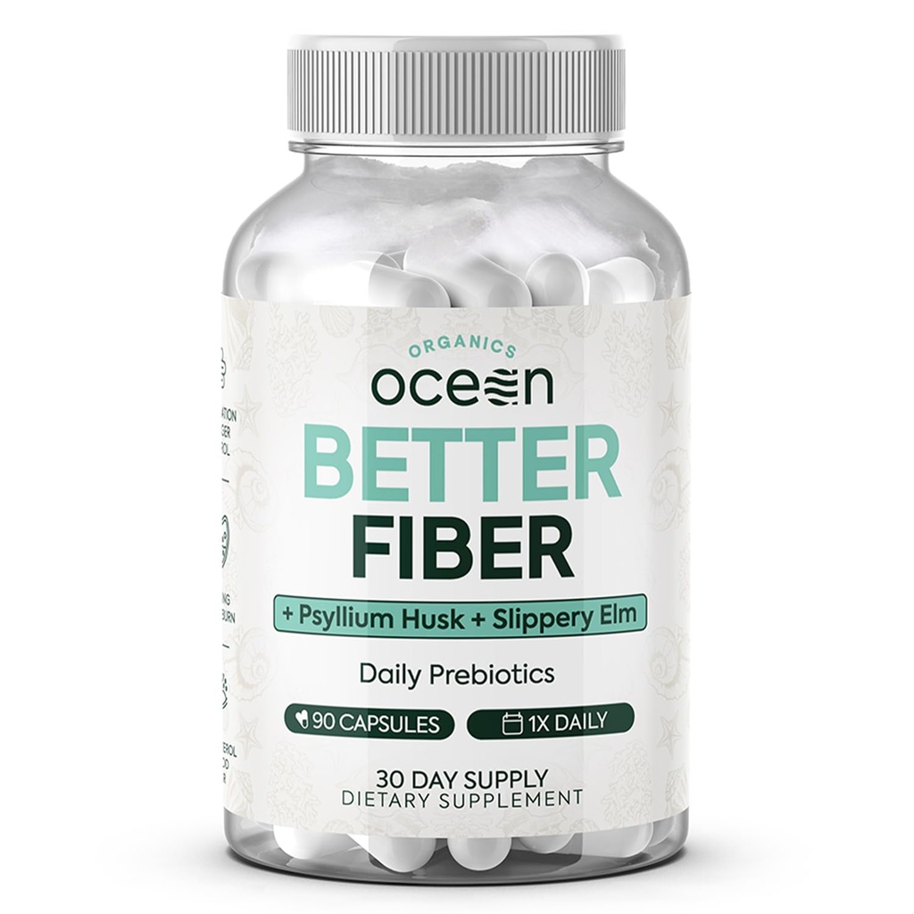 Organics Ocean Better Fiber - Daily Fiber Supplement - Soften Stool for Accessless Bowel Movies - with Psyllium Hulk and Slippery Elm - 90 Κάψουλες