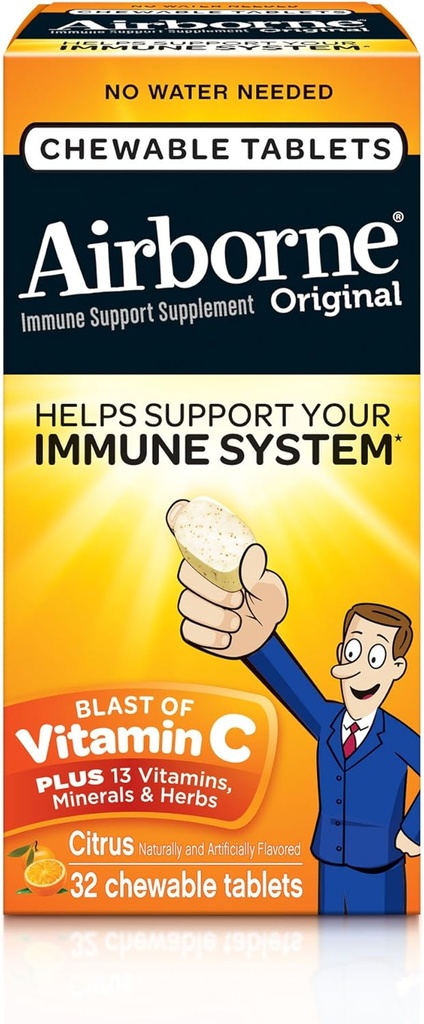 Αεροπορικά 1000mg Μασώμενα δισκία βιταμίνης C με ψευδάργυρο, συμπλήρωμα ανοσοποίησης με Ισχυρές Αντιοξειδωτικές Βιταμίνες A C & E - 32 Μασώμενα δισκία, Εσπεριδοειδή Γεύση