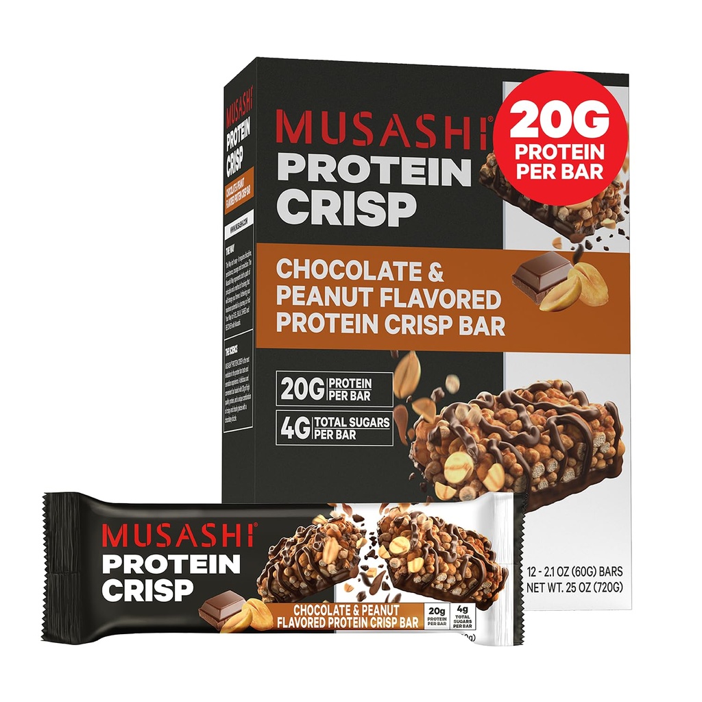 MUSASHI Protein Crisp Bar, 20g Protein, 4g Total Sugars, Σοκολάτα & Φυστίκι, Post Workout and Snack On The Go, 12 Pack of 2.1oz (60g) Bars