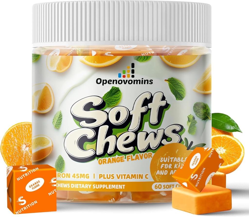 Chews συμπλήρωμα σιδήρου με βιταμίνη C για τις γυναίκες άνδρες και τα παιδιά, φυσικό Vegan σιδήρου μαλακό μάσημα με βιταμίνη B6,B12,D, ασβέστιο & ψευδάργυρος - Υποστήριξη ενέργειας, 60 Orange SoftChews, 2 Μήνες προσφοράς