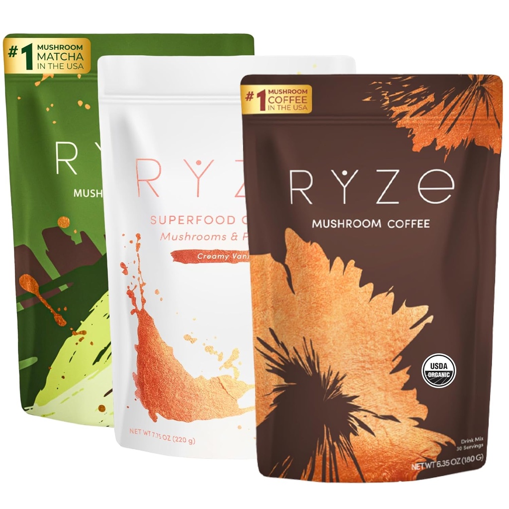 RYZE SUPERFOODS Ultimate Energy Bundle, USDA Organic Mushroom Coffee & Mushroom Matcha + Probiotic Creamer με 6 Προσαρμόσιμα Μανιτάρια για Καλύτερη Ενέργεια, Εστίαση, Διέγερση, Ανοσία, 30 εξυπηρετούν το καθένα