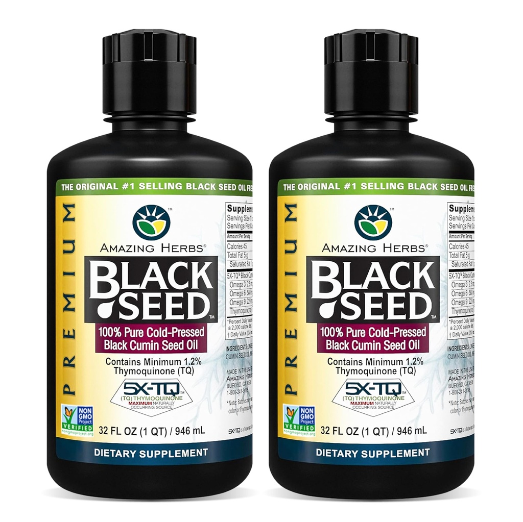Amazing Herbs Premium Black Seed Oil - Ψυχρό Πιέζεται Nigella Sativa Aids σε Digestive Υγεία, Ανοσολογική Υποστήριξη, Λειτουργία του εγκεφάλου, Κοινή Κινητικότητα, Χωρίς Γλουτένη, Μη ΓΤΟ - 32 FL Oz (Pack of 2)