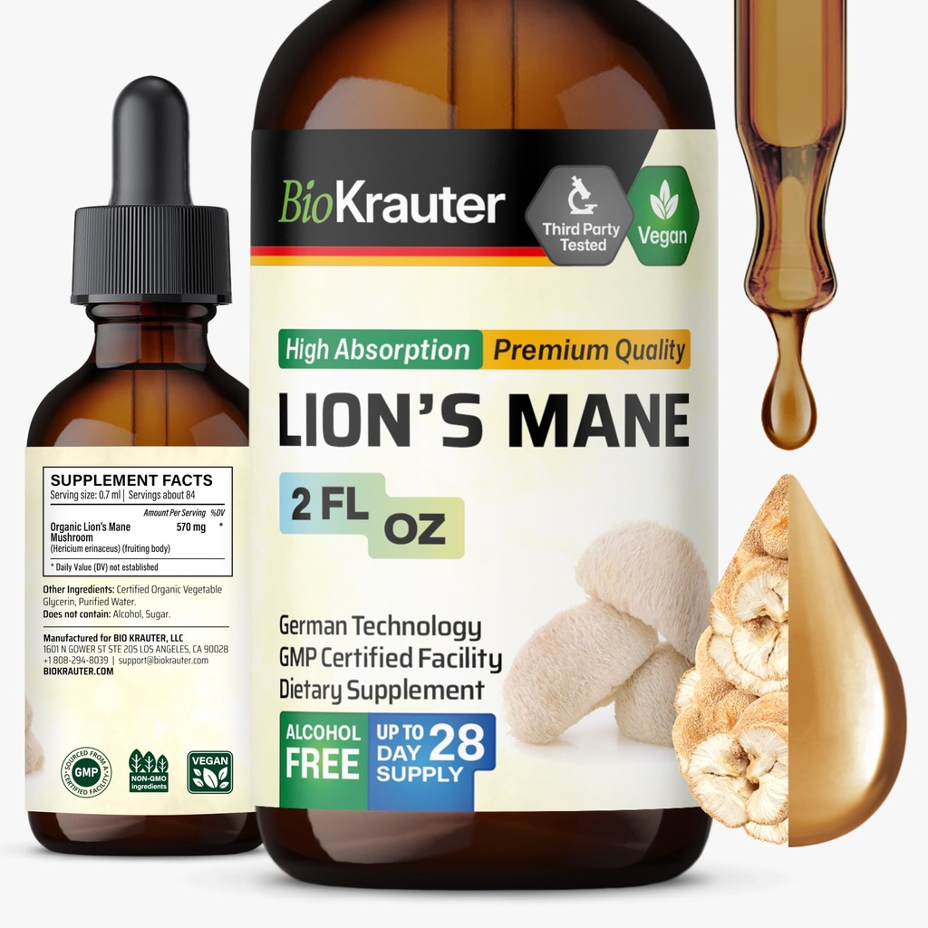 BIO KRAUTER Lions Mane Liquid Extract - Συμπλήρωμα μανιταριών για την υποστήριξη του εγκεφάλου - Vegan Lions Mane συμπλήρωμα - Αλκοόλ & Ζάχαρη δωρεάν σταγόνες - 2 fl.Oz.