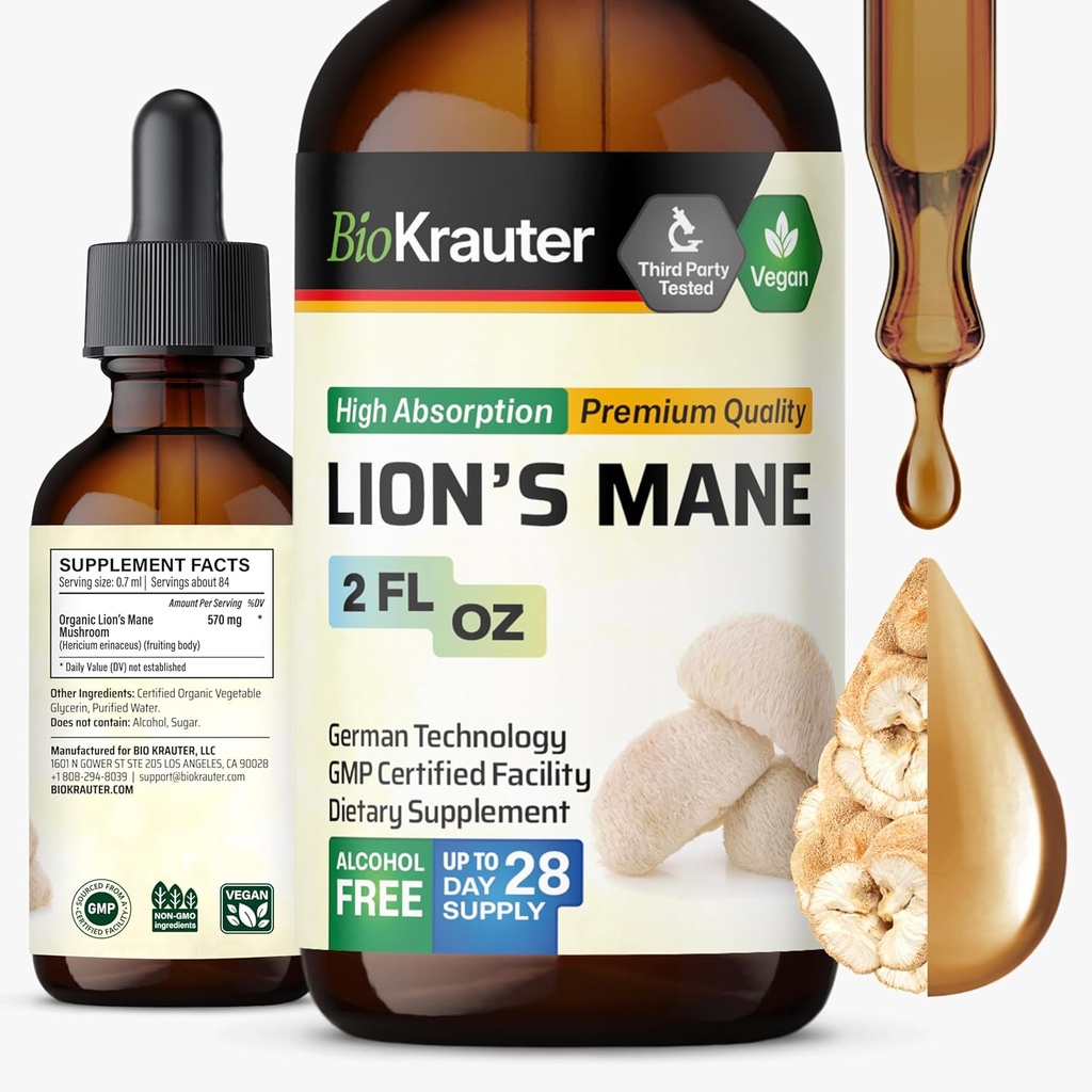 BIO KRAUTER Lions Mane Liquid Extract - Συμπλήρωμα μανιταριών για την υποστήριξη του εγκεφάλου - Vegan Lions Mane συμπλήρωμα - Αλκοόλ & Ζάχαρη δωρεάν σταγόνες - 2 fl.Oz.