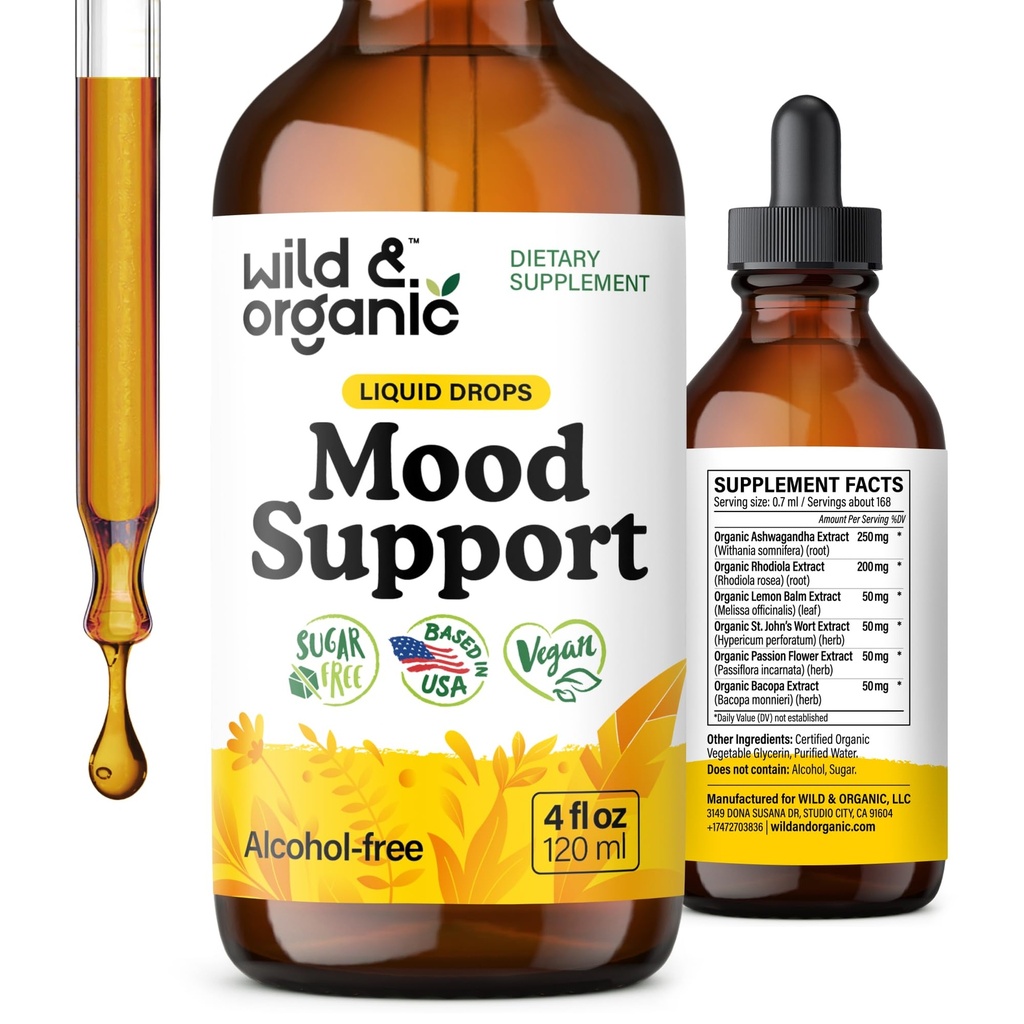 Wild & Organic Mood Support Supplement - Φυσικό υγρό σταγόνες για θετική ενέργεια - Ήρεμο συμπλήρωμα μυαλού για τις γυναίκες και τους άνδρες - μη Alcohol Ashwagandha & Rhodiola Rosea Root Βάμμα για καλή Mood - 4 oz