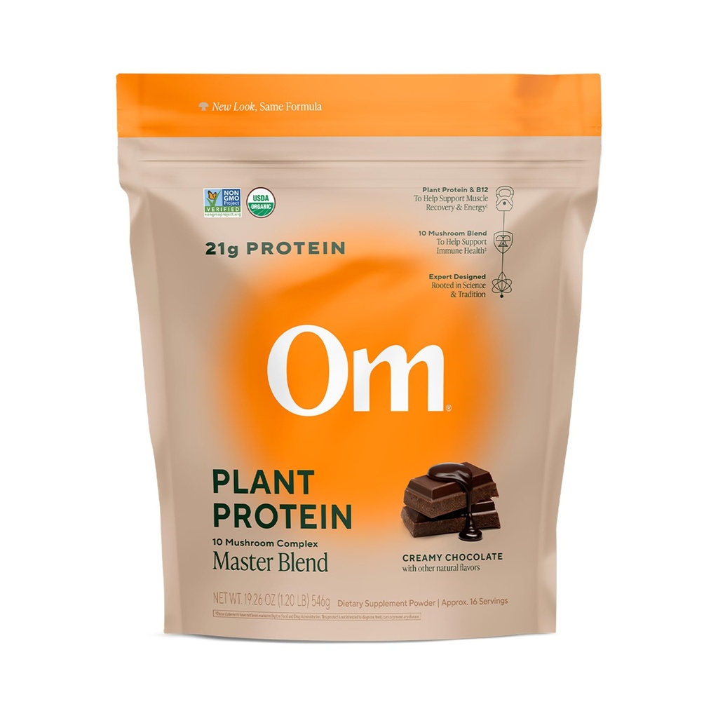 OM MUSHROOM SUPERFOOD Master Blend Vegan Πρωτεΐνη φυτού βιολογικής σοκολάτας με 10 μανιτάρια, Ashwagandha, BCAAs & B12 – Ενέργεια, ανάκτηση & ανοσοποιητική υποστήριξη – 1,2 lb (16 υπηρεσίες)