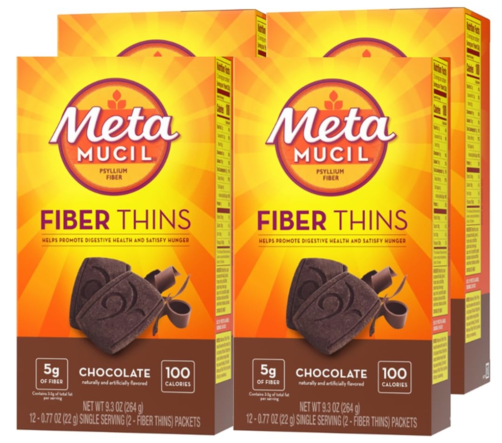 Metamucil, Fiber Thins, Daily Psyllium Husk Fiber Supplement, Supports Digestive Health and Satisfies Hunger, Chocolate Flavor, 48 Total Servings (4 Packs of 12)