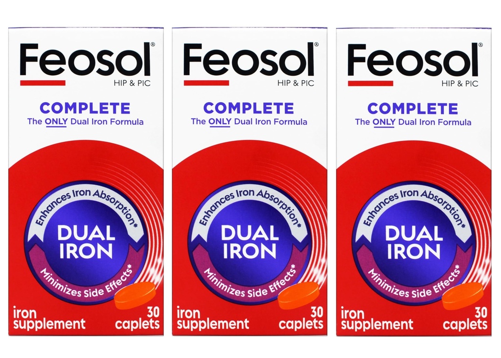 Feosol Bifera Hip & PIC Iron Supplement, Complete - 30 Caplets, Pack of 3