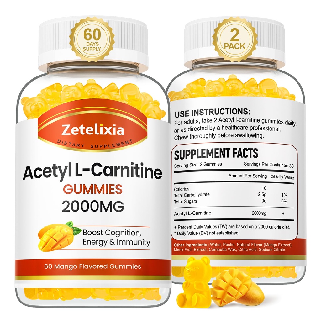 2 Pack Acetyl L-Καρνιτίνη Gummies, L-Καρνιτίνη συμπλήρωμα για γυναίκες & άνδρες, συμπλήρωμα διατροφής για την ενίσχυση της ενέργειας, ανοσία & Εγκεφαλική Υγεία, Vegan, μη-GMO, Mango Γεύση, 120 Count