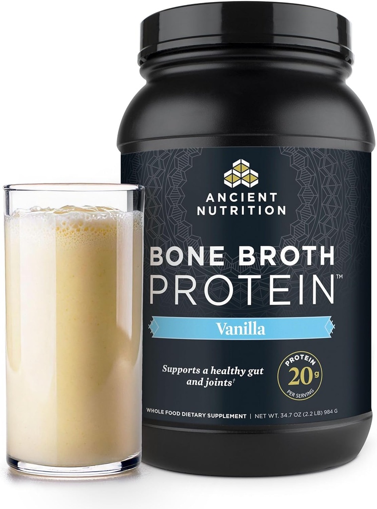 Αρχαία διατροφή Grass Fed, Bone Broth Protein Powder, 20g πρωτεΐνη, Hydrolyzed Collagen Peptides, Keto & Παλαιό Φιλικό, Υποστηρίζει Joint, Gut Health, Vanilla, 40 Υπηρεσίες