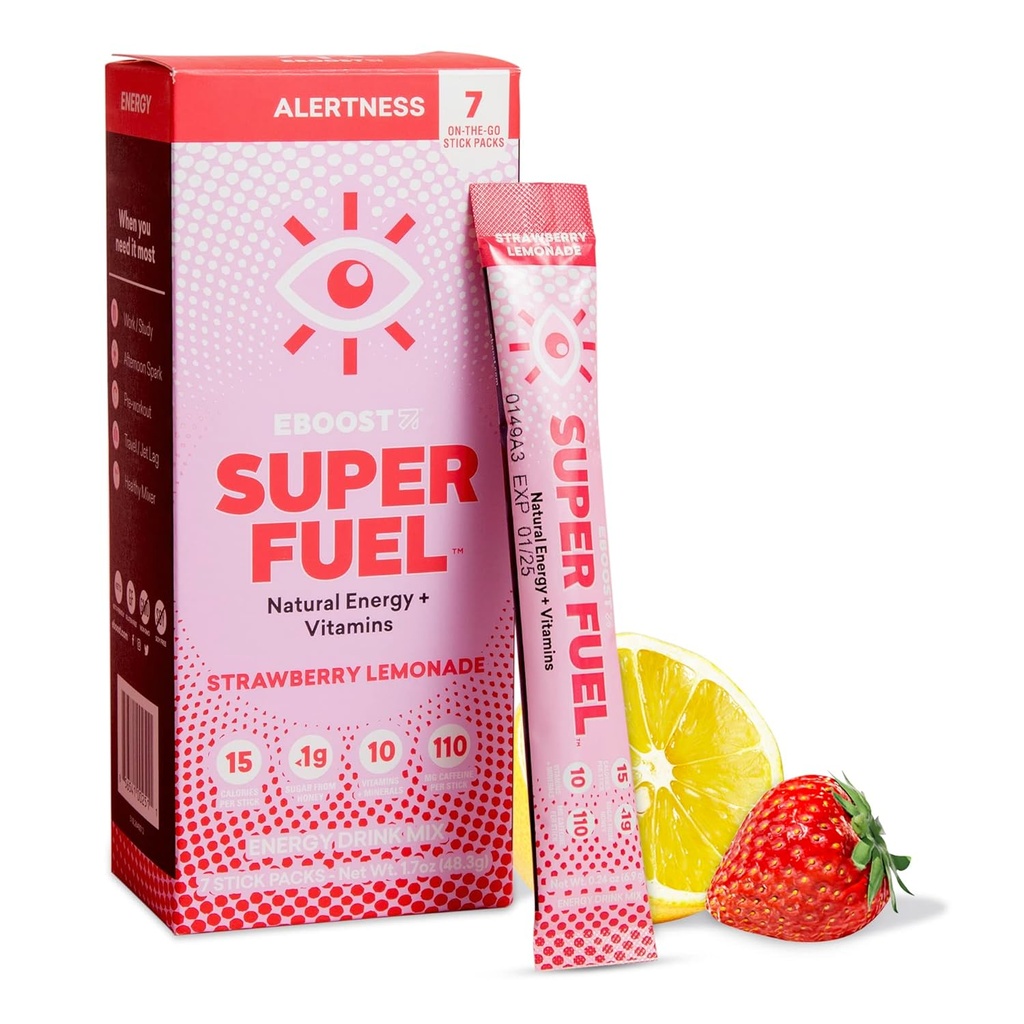 EBOOST Energy Drink Powder, Super Fuel - Λεμονάδα φράουλα, 7 πακέτα - Pre-Workout Powder Energy Drink Mix - Φυσική ενέργεια, L-Τυροσίνη, L-Θεανίνη & Βιταμίνες - Preworkout για γυναίκες & άνδρες να πάει