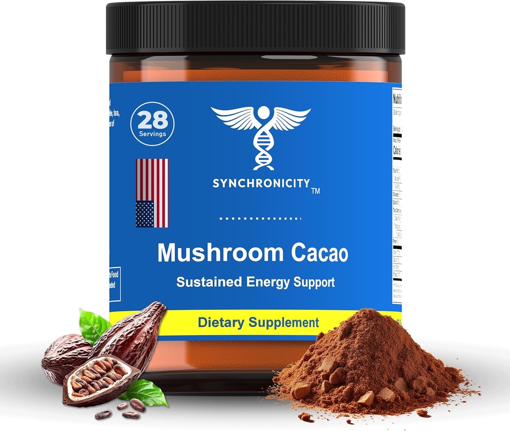 Mushroom Cacao Adaptogen Energy & Focus συμπλήρωμα σκόνης ποτών. Δυνατό 8:1 Lions Mane, Cordyceps & 3 Cocoa/Cacao Extract Blend από το Yale DRS. Όλα τα φυσικά καφέ Alt Nootropic & Nutrient Superfood