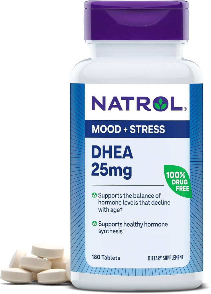 Natrol Mood & Stress DHEA 25mg με ασβέστιο, συμπλήρωμα διατροφής για την ισορροπία ορισμένων επιπέδων ορμονών και υποστήριξη διάθεσης, 180 δισκία, 180 ημέρες προσφοράς