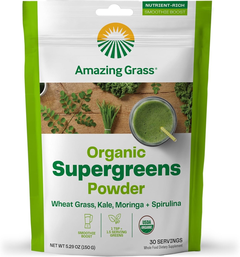 Amazing Grass Super Greens Booster: Πράσινα Smoothie σκόνη μείγμα με Spirulina, Moringa, σιτάρι Grass & Kale Smoothie Booster, Chlorophyl Providing Greens, 30 εξυπηρετούν