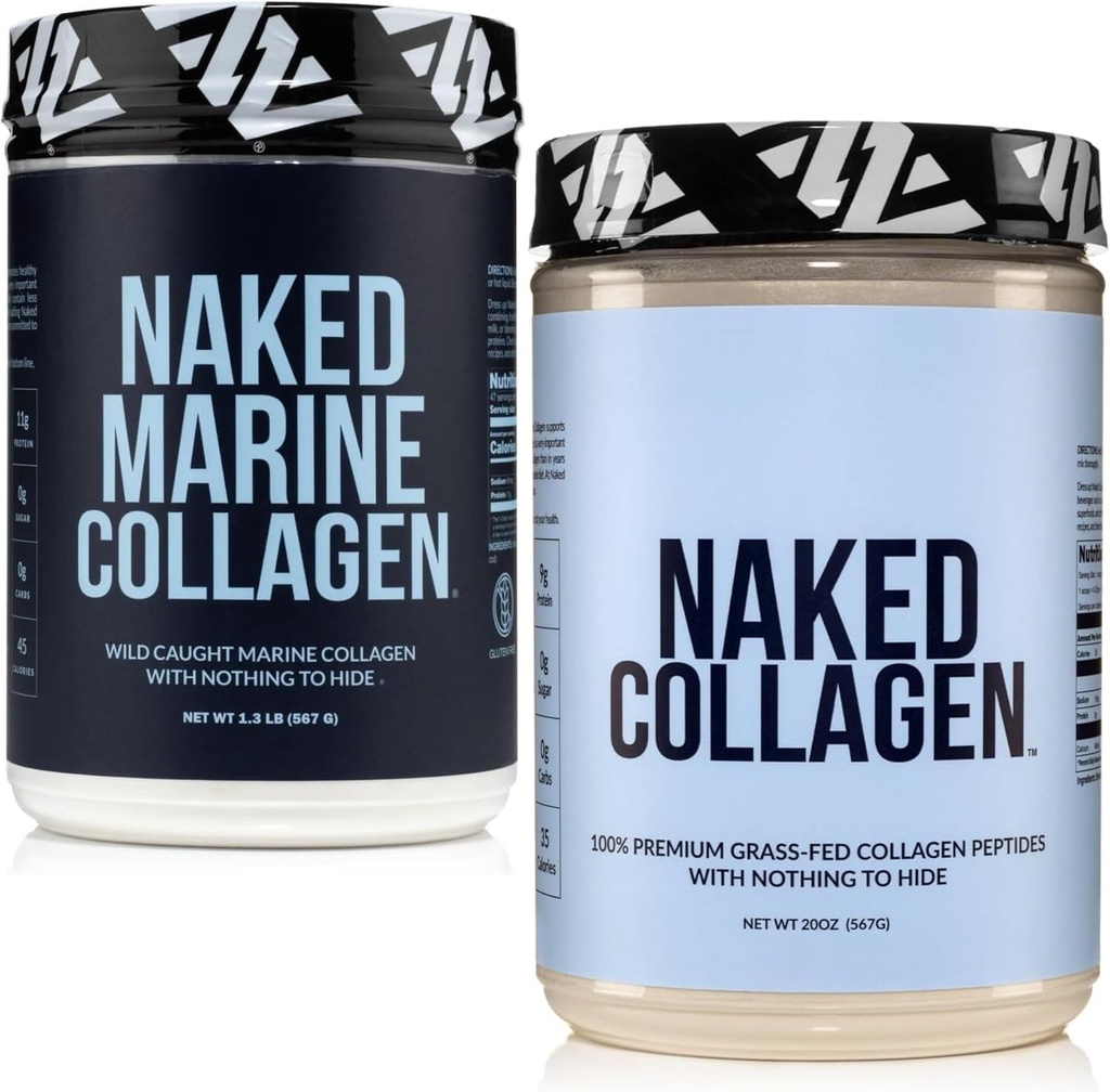 NAKED Marine Collagen 47 Σερβίρει + Collagen Peptides Protein Powder 60 Μερίδες, Χωρίς γεύση Δέσμη: Μη ΓΤΟ, Κέτο, Χωρίς γλουτένη, Παλαιοφιλικά, Χωρίς σόγια